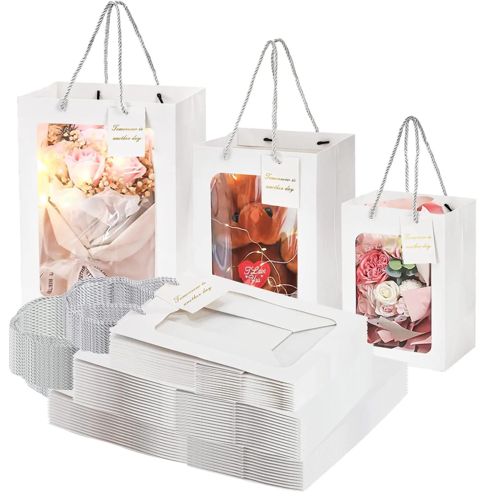 10PCS White Gift Bags With Clear Window Transparent Bouquet Gift Bags
