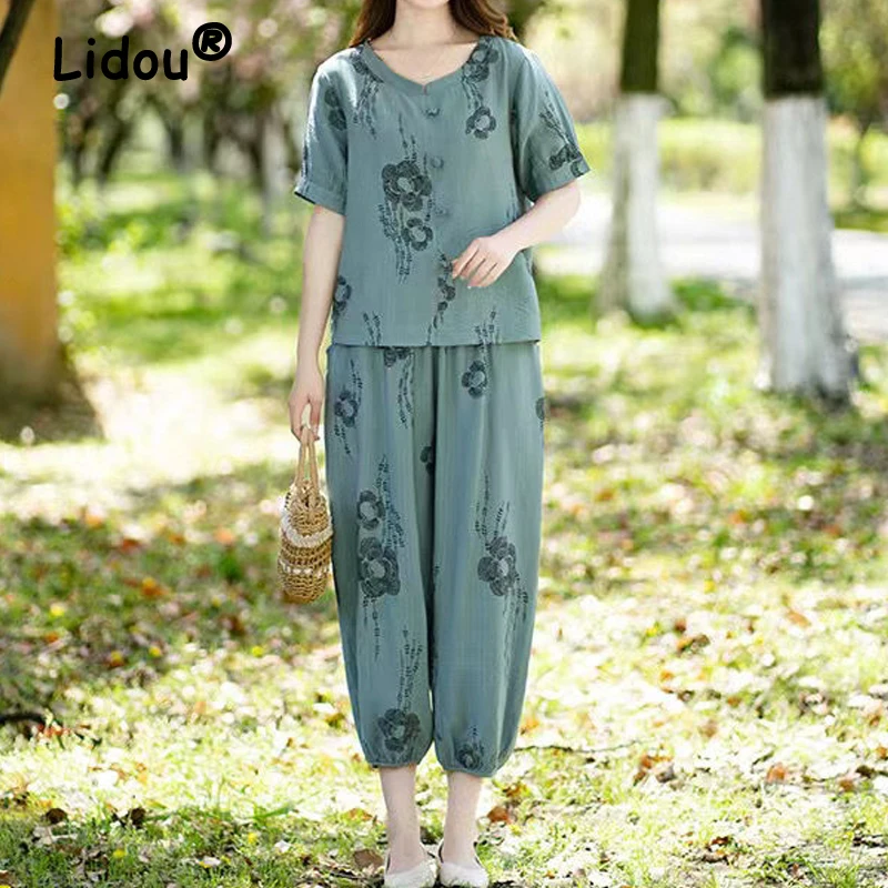 Summer Outfits for Women 2023 Vintage Print V Neck Short Sleeve Blouse Loose Y2K Tops Casual Ankle Length Linen Pants Ropa Mujer runway vintage blue and white porcelain print ankle length dress women s lapel lantern sleeve elegant sashes maxi vestidos n9860