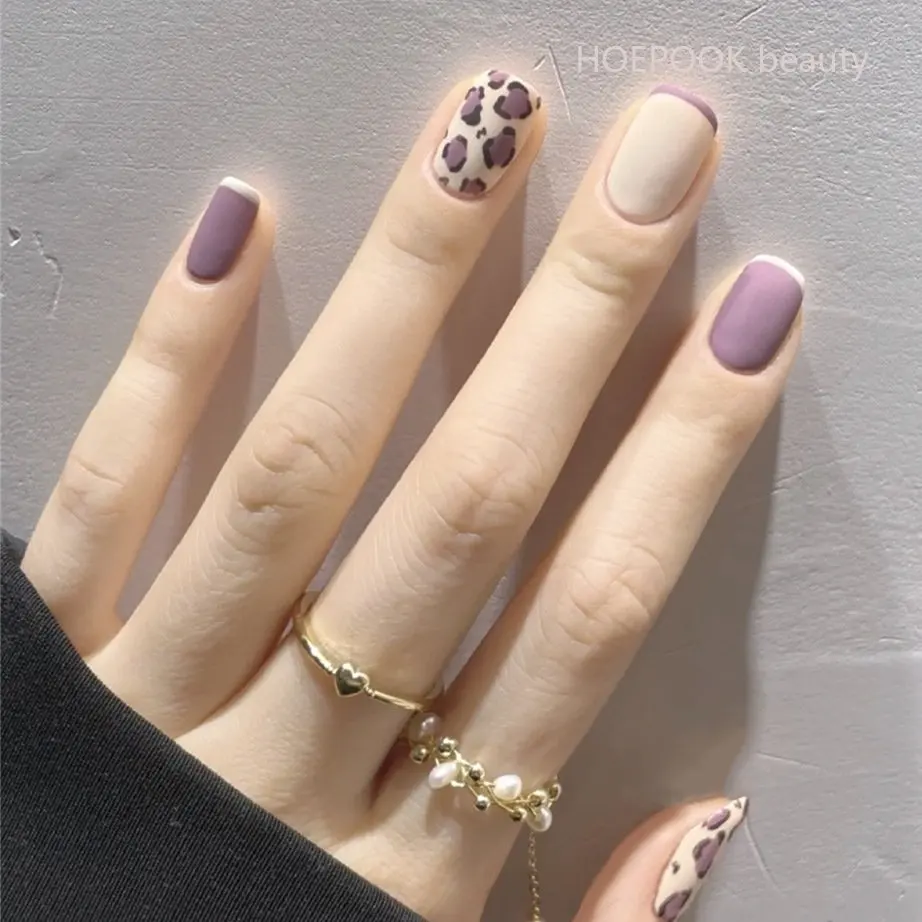 

24pcs Purple Leopard Full Cover Artificial Wearing Fake Nails Art Coffin Cute Kawaii Press On Nail Women False Nails Decoration