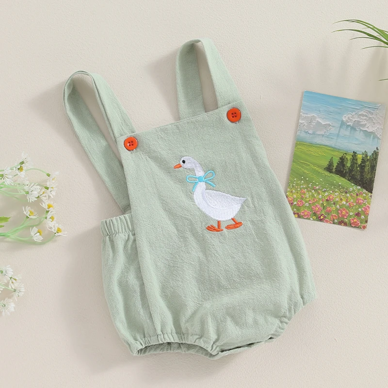 0-12M Infant Baby Girls Boys Cute Romper Sleeveless Cartoon Duck Print Suspender Jumpsuit for Newborn FOCUSNORM baby rompers,cotton jumpsuit,baby jumpsuit,baby clothing