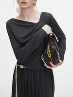 FSLE Women Autumn Knitted Elegant Set Dark Grey Blouse Skirt Asymmetric Design Thin Pullover Long Sleeve Top Long Knit Skirt