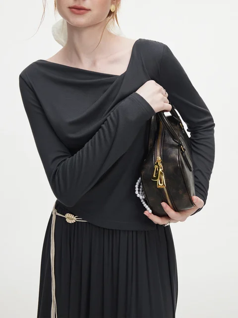 FSLE Women Autumn Knitted Elegant Set Dark Grey Blouse Skirt Asymmetric Design Thin Pullover Long Sleeve Top Long Knit Skirt