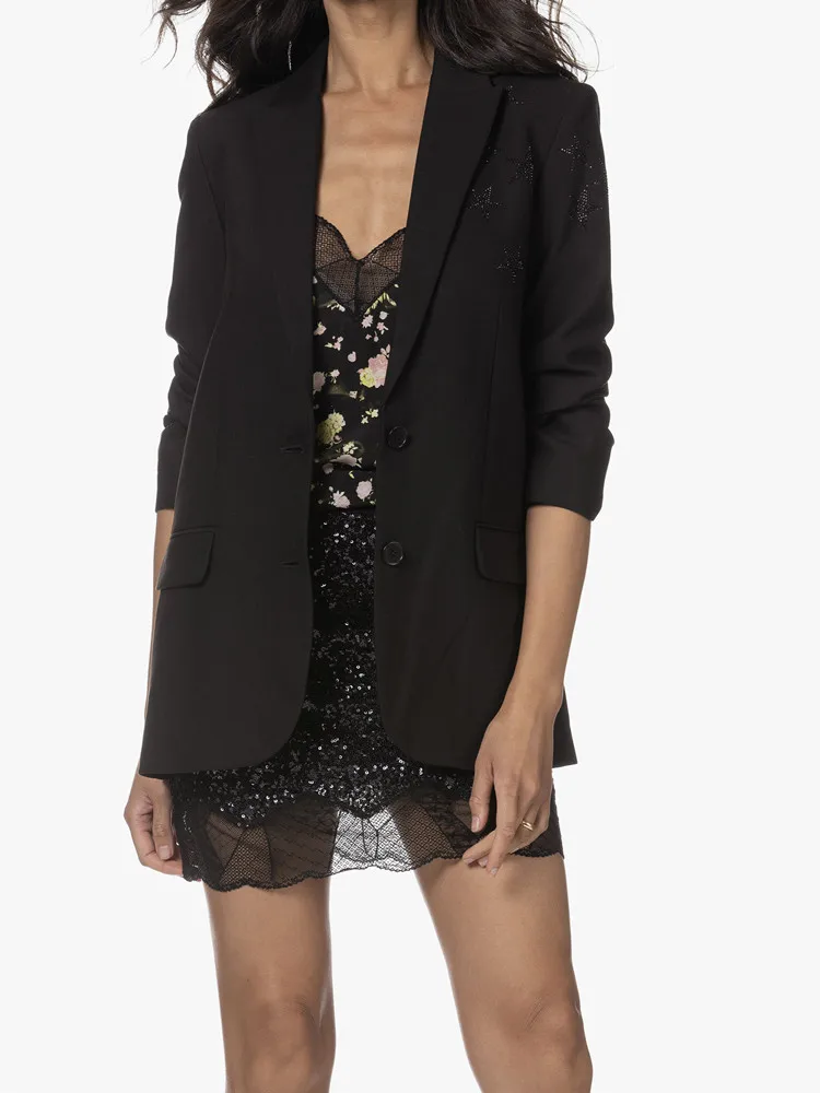 

Women Notched Blazer Jacket Stars Hot Rhinestones Long Sleeve Single Breasted 2024 Spring Office Ladies Slim Suit Coats