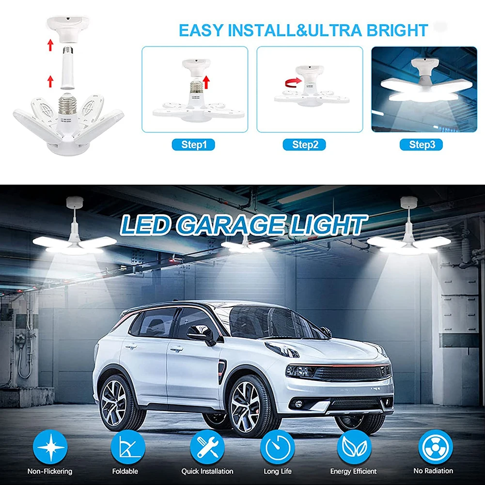 E27 LED 전구 28W 6000LM LED 팬 블레이드 타이밍 램프 28W 접이식 Led 전구, 변형 가능한 작업장 밝기 조절 가능한 창고 램프