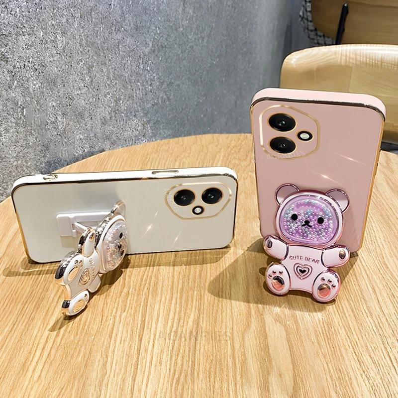 Cute Plating Quicksand Bear Holder Phone Case - Shockproof Silicone Stand Back Cover
