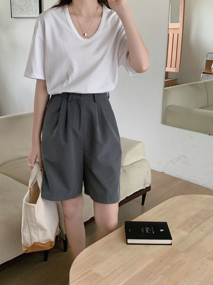 

Summer New U-neck Solid Color Short-sleeved T-shirt Women's Korean Version of The Simple Goose Egg Neckline Cotton Top Women