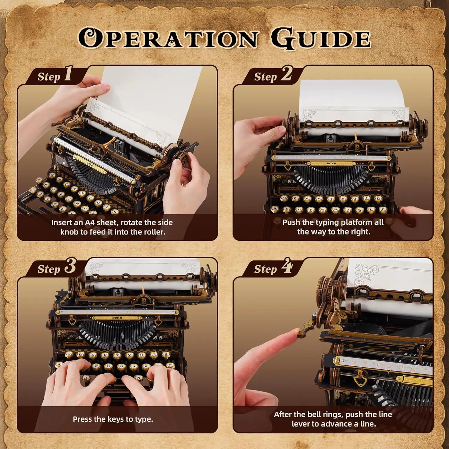 Rokr 빈티지 모델 키트 기계식 타자기 3D 나무 퍼즐 조립 프로젝트 레트로 책상 홈 데코 독특한 선물 클래식 버전