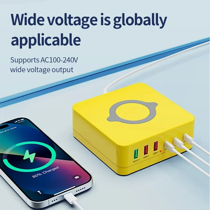 140W 6 Ports USB Phone Charger Station Fast Wireless Charging Stand QC PD3.0 65W Quick Charge for Laptop Tablet iPhone Samsung Xiaomi