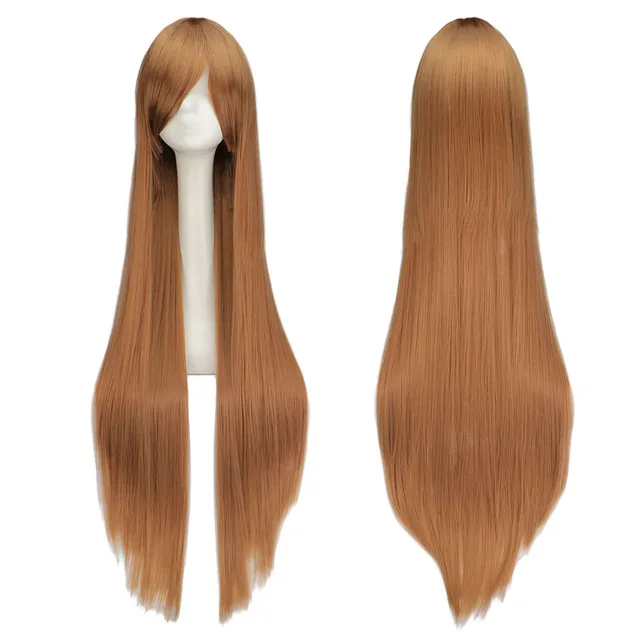 QQXCAIW Long Straight Cosplay Wig Black Purple Black Red Pink Blue Dark Brown 100 Cm Synthetic Hair Wigs light brown