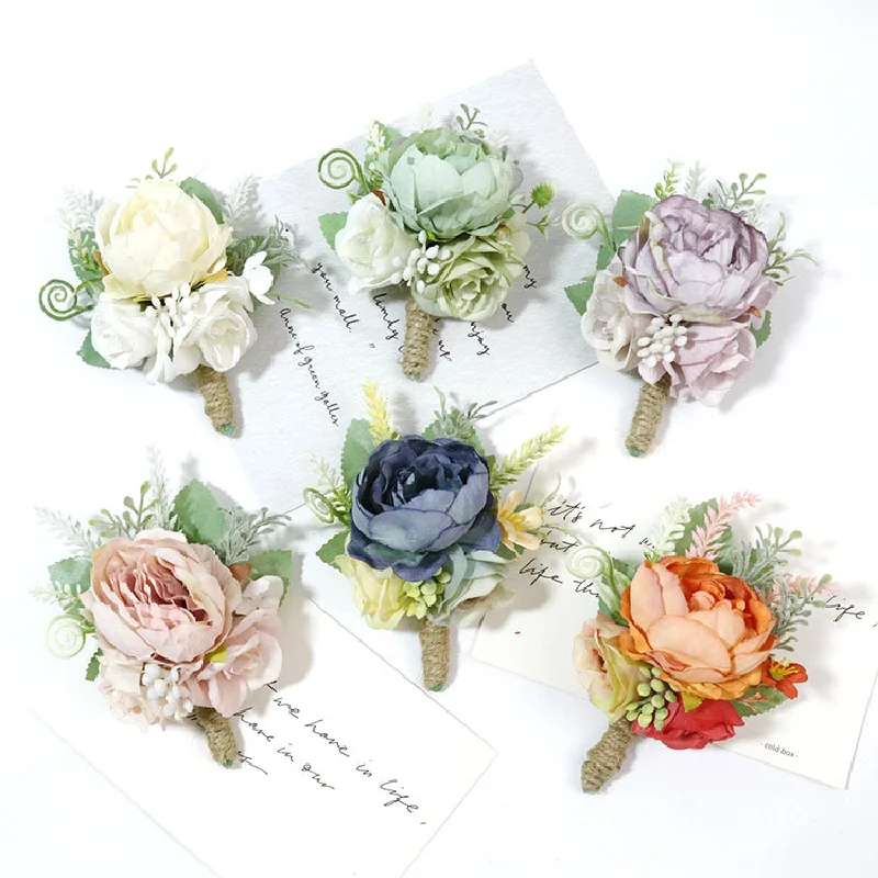 Boutonniere And Wrist Corsag Wedding Supplies Banquet Guests Simulated Flowers Groom and Bride Multicolor Peony Roses 366