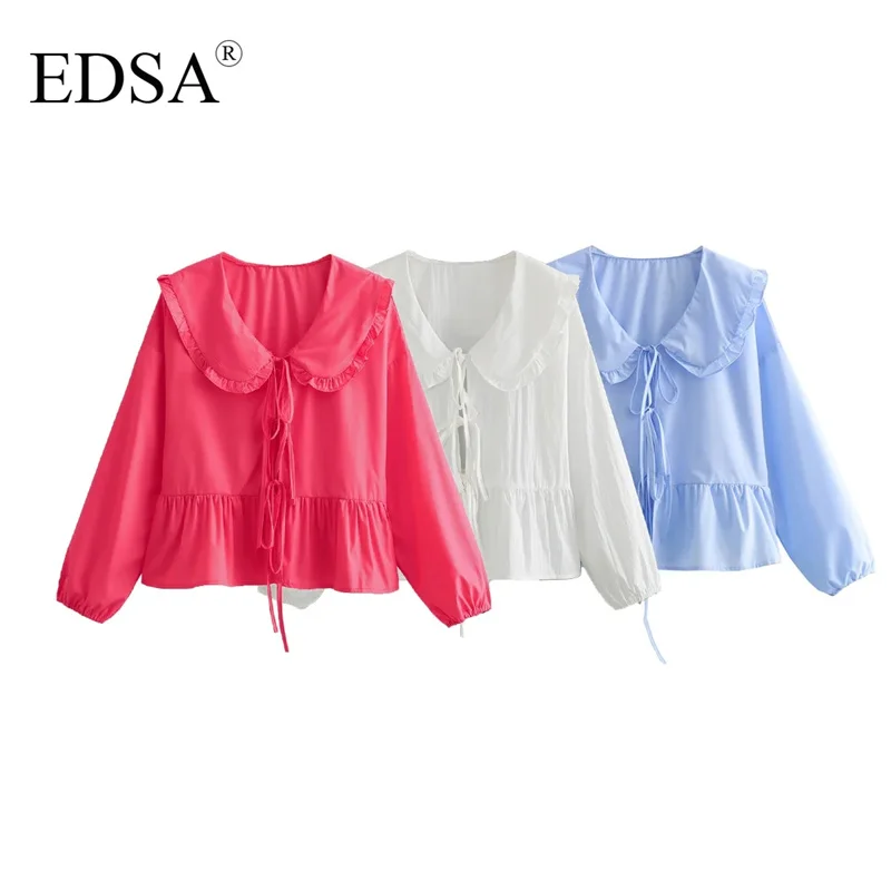 EDSA 여성용 러플 셔츠, 피터팬 컬러 랜턴 슬리브, 활 버튼, 휴일용 스위트..