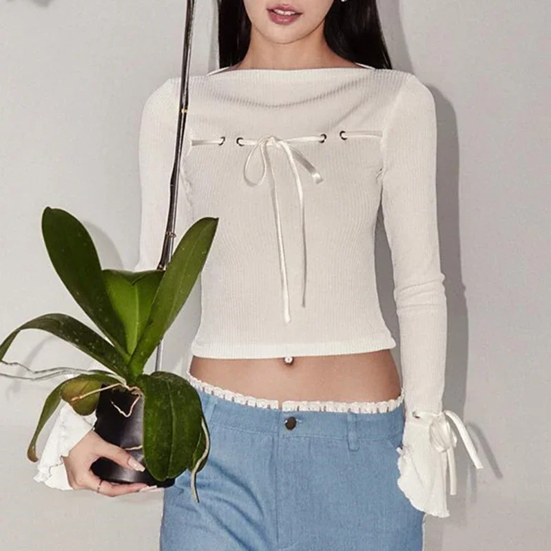 

Autumn White T-shirt Women O-Neck Flare Sleeve Lace-up Crop Top Fashion Casual Solid T Shirt Streetwear Sexy Cropped Top Female