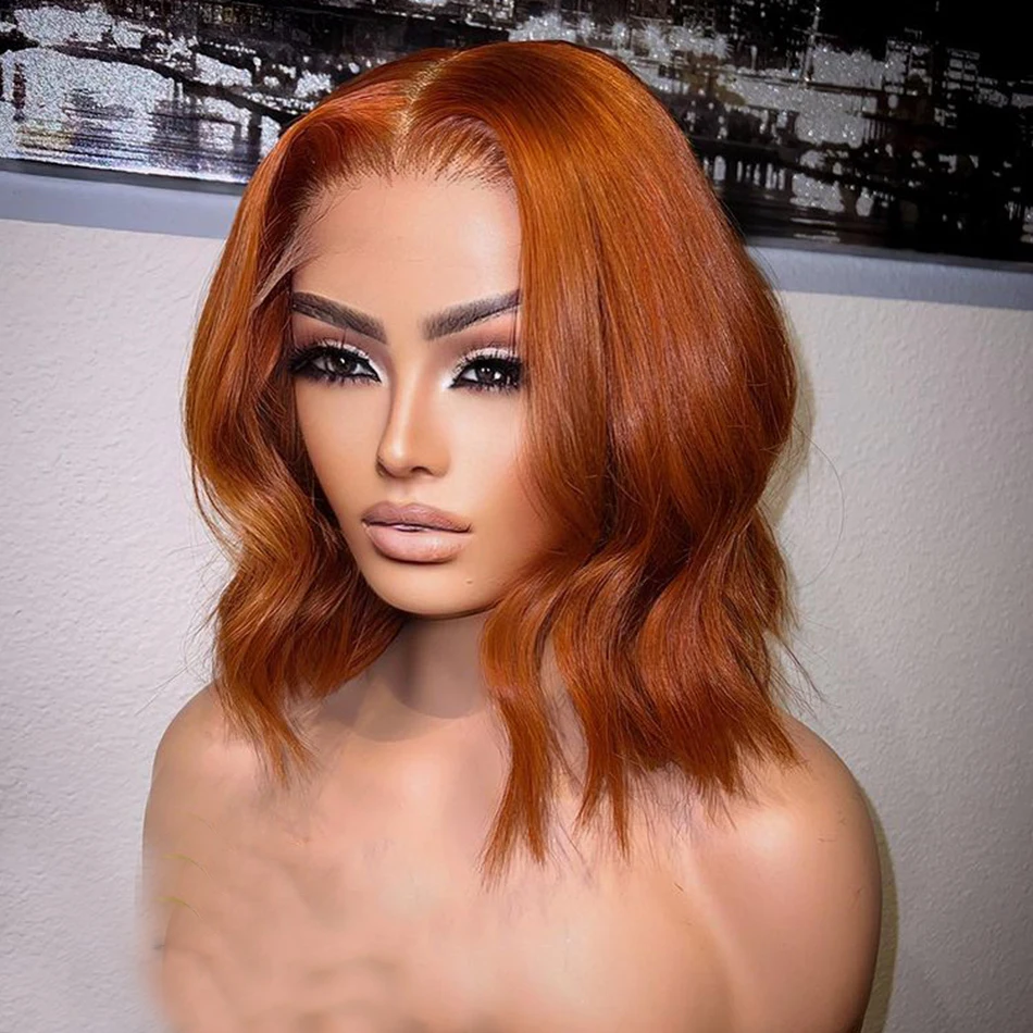 

Short Orange Bob Synthetic Hair Lace Front Wigs With Middle Part For Black Women Body Wave Heat Resistant Wig