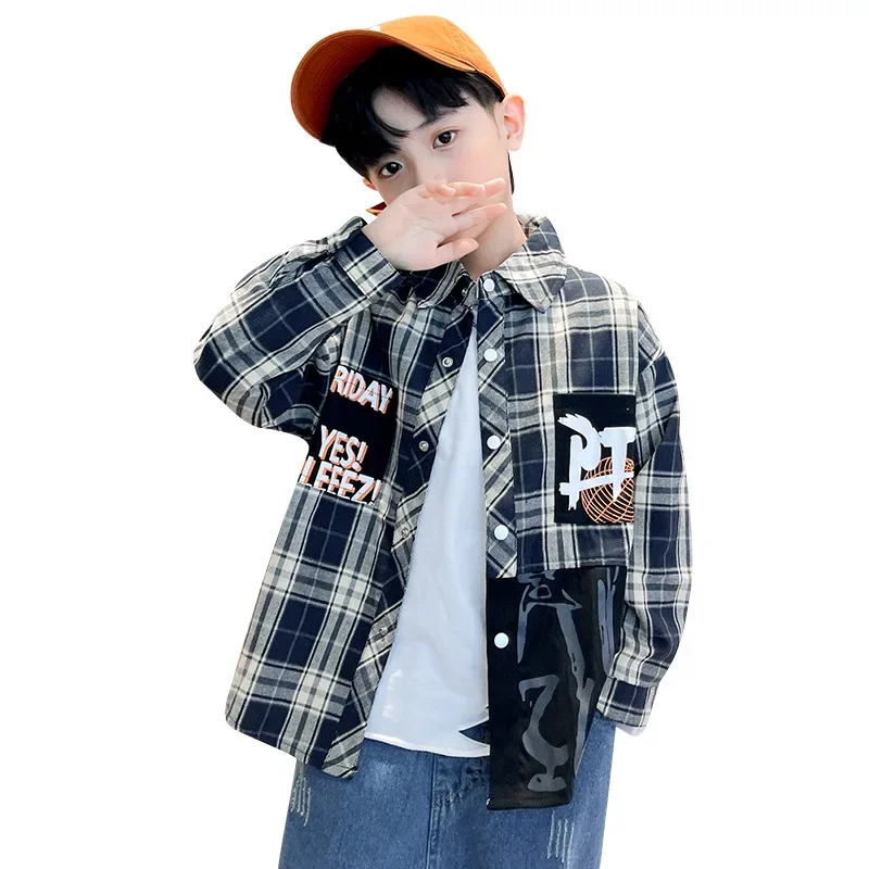 Spring Shirt for Boys Spring Autumn Patterned Plaid Shirt Handsome Boy's Clothing Big Kids Fashionable Checkered