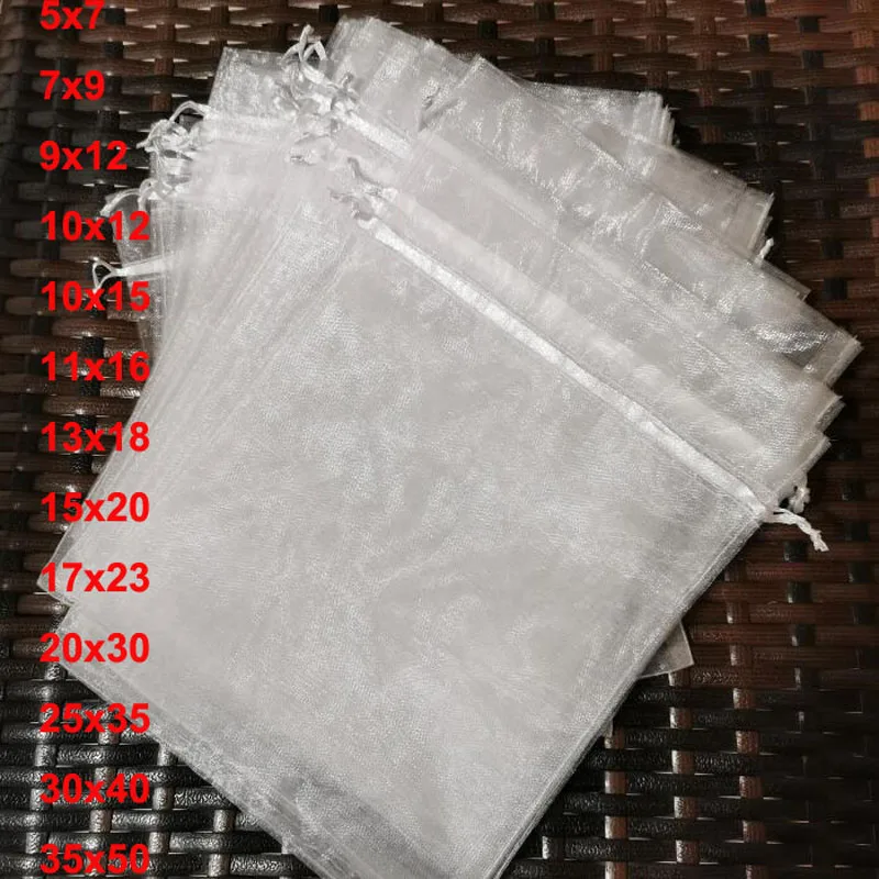 100pcs/lot 5x7 17x23 35x50cm Big White Organza Bags Drawstring Pouches For Jewelry Beads Wedding Party Gift Packaging Bag Logo 100pcs silver gold foil organza bag drawstring bag jewelry bags fabric pouch gift bags wedding party christmas packaging display