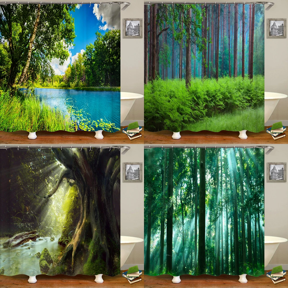 

Virgin Forest Scenery Fabric Shower Curtain Trees landscape Printing Polyester Waterproof Bathroom Curtain Decor with hooks