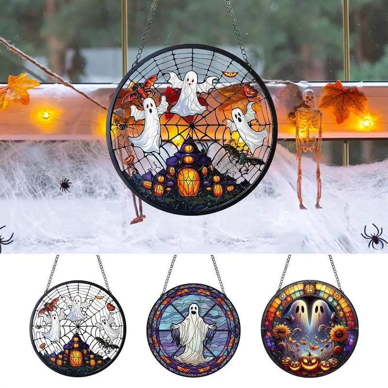 Halloween Sun Catcher Pumpkin Ghost Wall Pendant Ornament Holiday Home Decoration Hangable Ornament Wall Decor Stained Acrylic