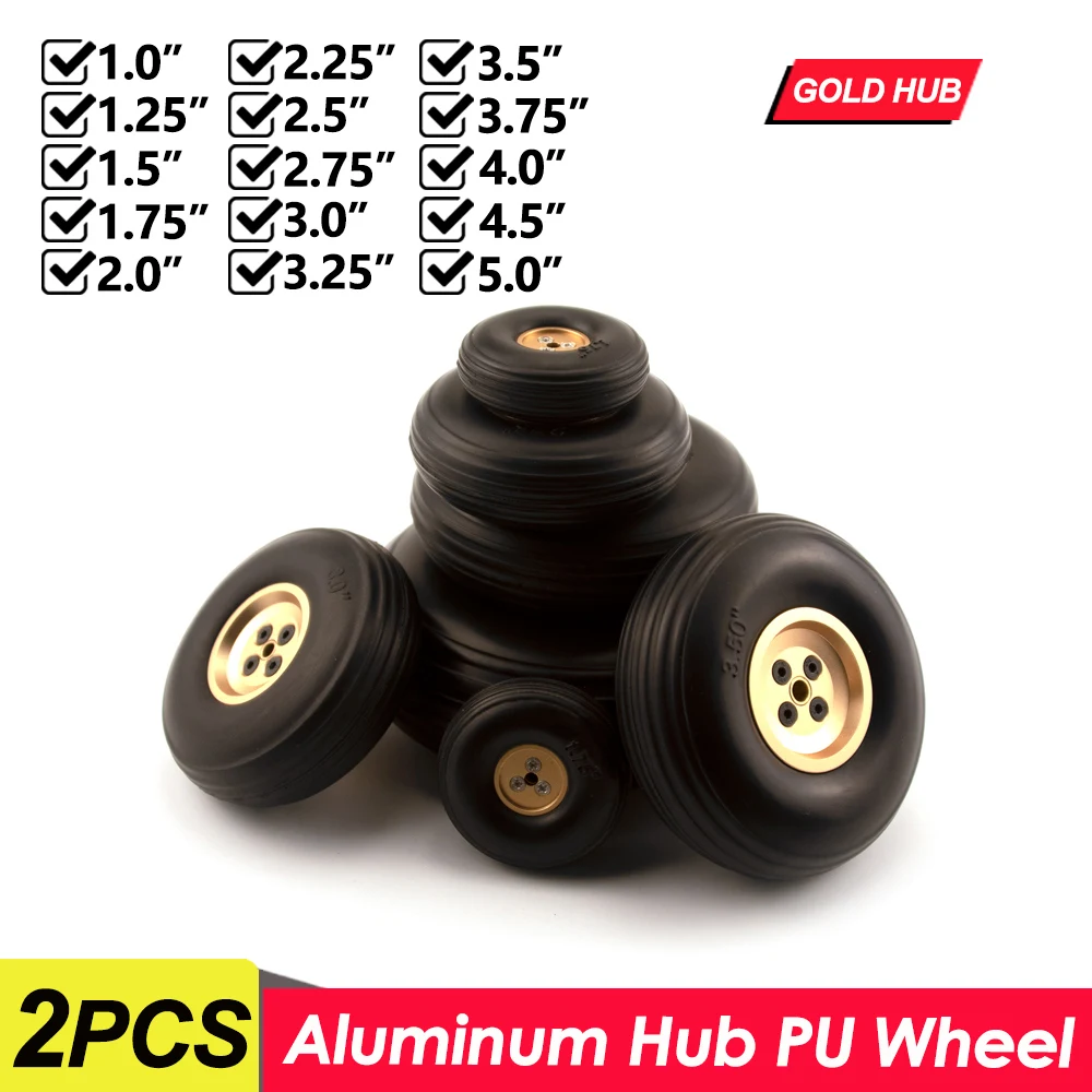 2PCS RC Airplane PU Wheels Tires With Aluminum Alloy Golden Hub 1inch to 5inch for Aircraft Model