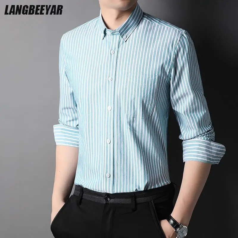 Top Grade 100% Cotton Fashion Brand Designer Vertical Stripes Slim Fit Button Down Mens Shirts Casual Long Sleeve Men Clothing