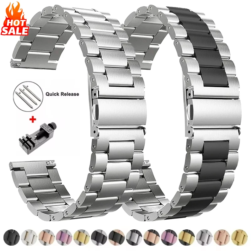Premium Stainless Steel Watch Band, 20mm/22mm, Metal Strap, Silver/Black Finish