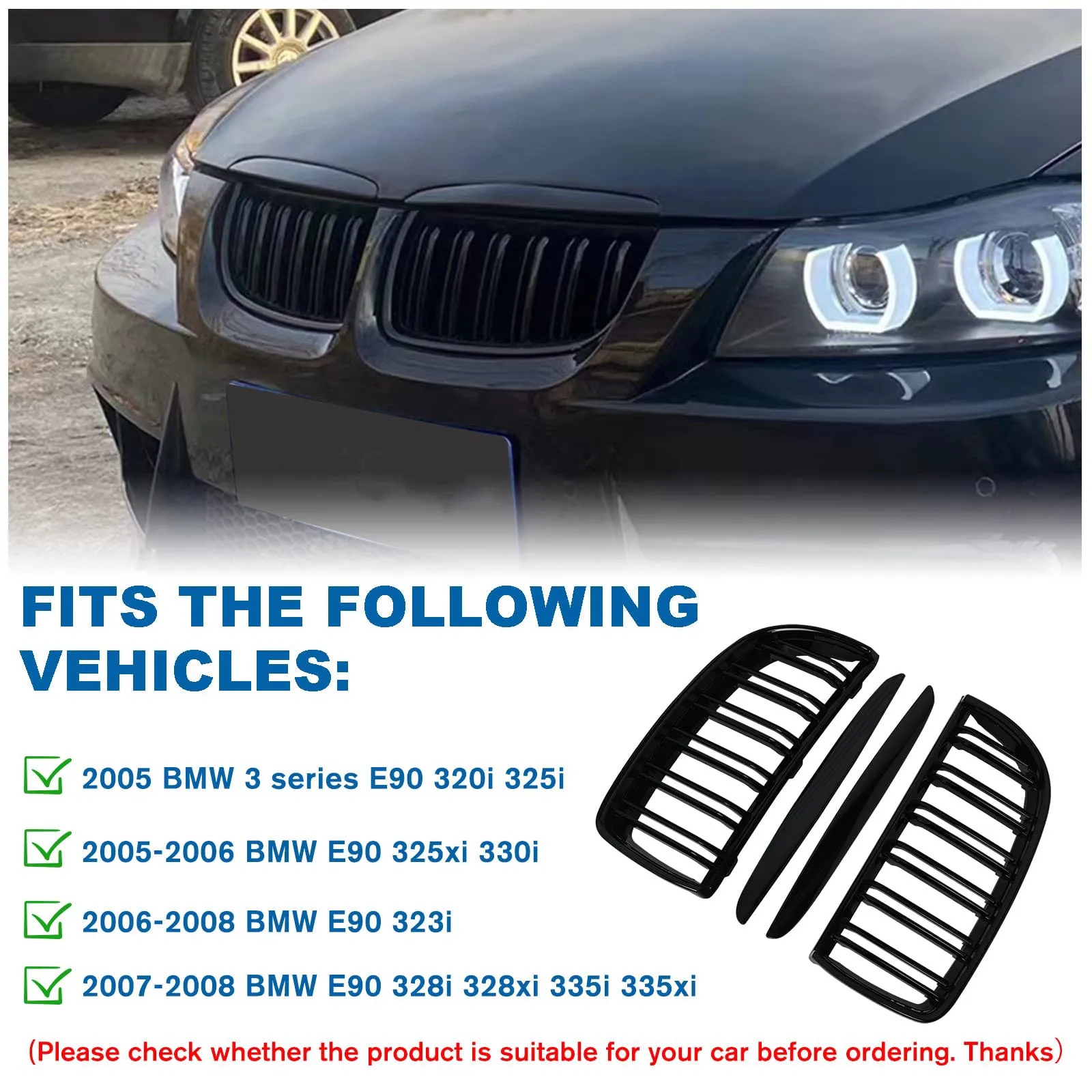 E90-Grill, vorderer Nierengitter für BMW 3er 2005–2008, E90 E91, Doppellatten, glänzend schwarze Grills – Detail 1