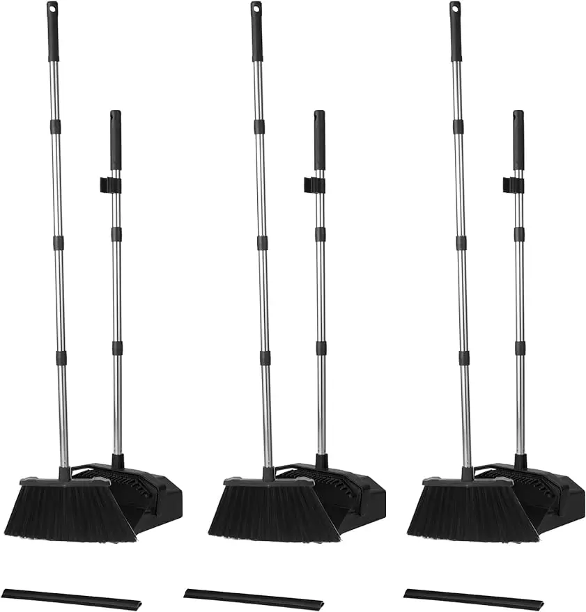 

Tiumso 3-Pack Broom with Dustpan Combo Set Commercial Broom and Dustpans, Large Brooms with 51'' Long Handle Self-Cleaning