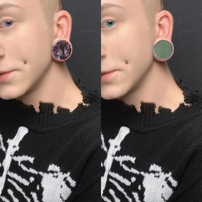 Ear Piercing Jewelry Stone Flesh Ear Plugs Tunnels Double Flare Earrings Gauges Women Men Helix Lobe Labret Stretcher 2pcs