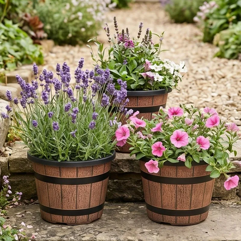 Large Simulated Wooden Flowerpot for Home and Garden Decor