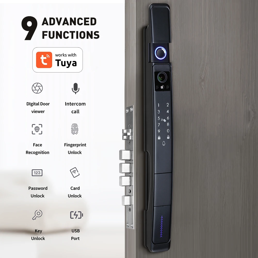 Smart Slim All Automatic Waterproof 3D Face Recognition Video Intercom Aluminum Door Lock 2