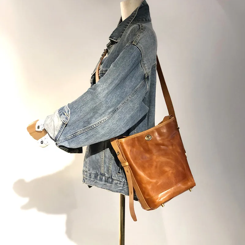 

Fashion luxury natural genuine leather ladies bucket shoulder bag designer original women's high-end real cowhide handbag Girls