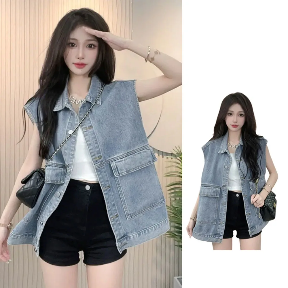 

Spring Autumn Single-breasted Sleeveless Denim Jacket Korean Loose Casual Vest Coats 2023 Oversize Women Jean Waistcoat Outwear