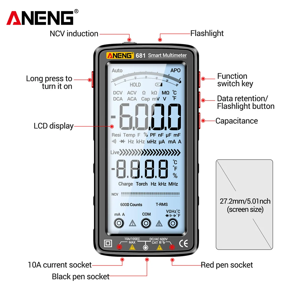 Digital Multimeter ANENG 681 Rechargable Professional Non-contact Voltage Tester AC/DC Voltage Meter LCD Screen Current Tester digital multimeter multimeter tester voltage detector tester voltage meter tester
