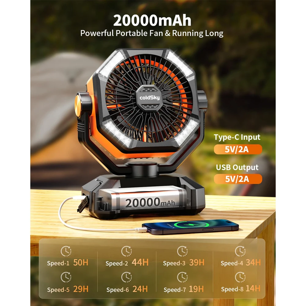 Portable 20000mAh Battery Camping Fan with LED Lantern