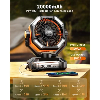 coldSky 20000mAh Battery Camping Fan with 4 LED Lantern 8 Speeds Desk Fan Portable Outdoor Fan for Tent Power Outages Jobsite 2