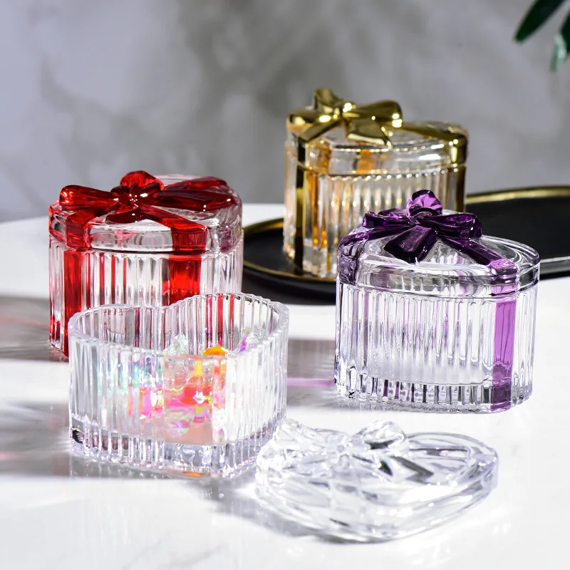 Glass Heart-Shaped Jewelry Box Candy Box with Lid Women's Covered Earrings Necklace Chest Trinket Storage Box Glass Storage Jar