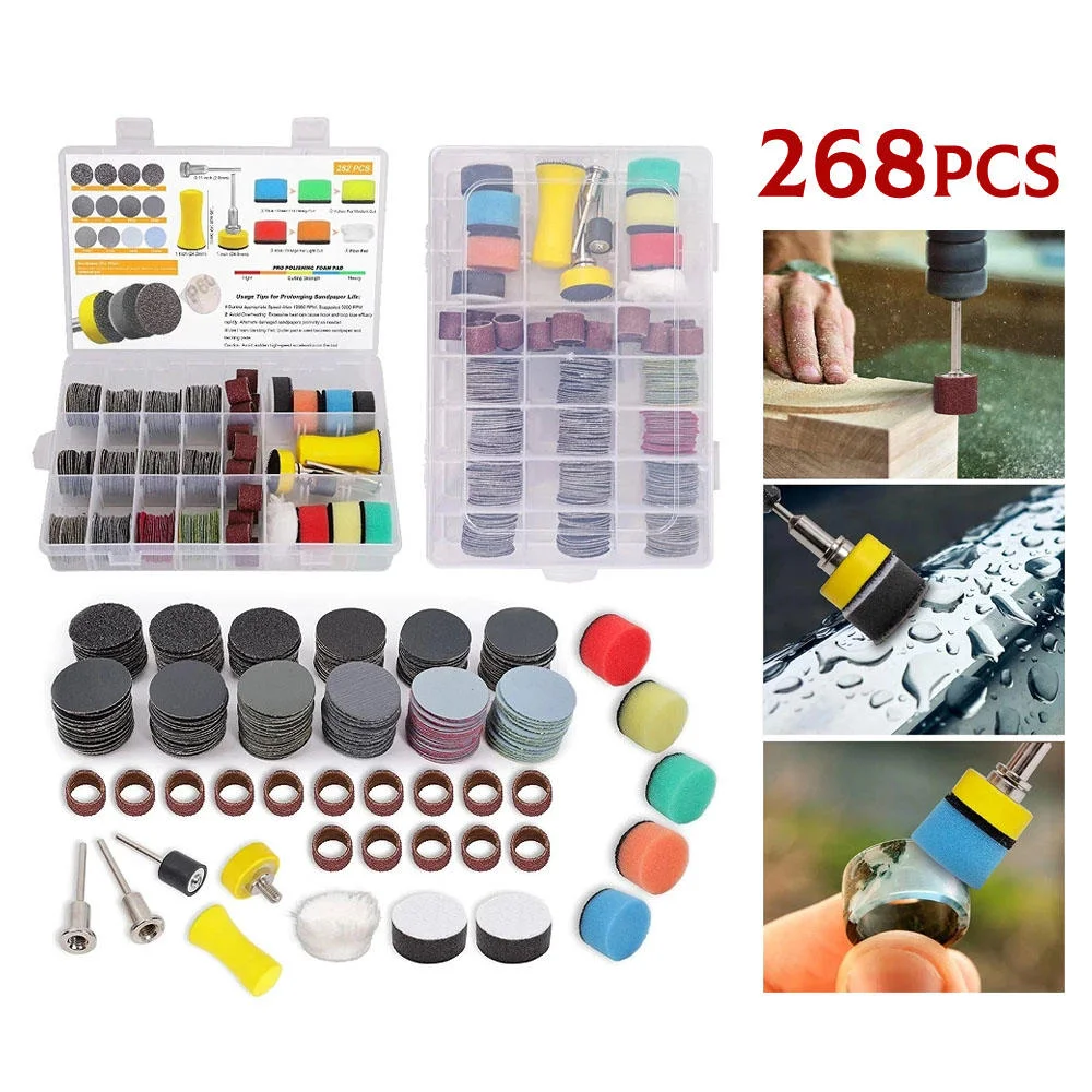 268개 25mm 샌딩 디스크 세트 1인치 훅앤루프 사포, 샌딩 드럼 키트, 폴리싱 패드, 로터리 공구용 폼 버핑 포함