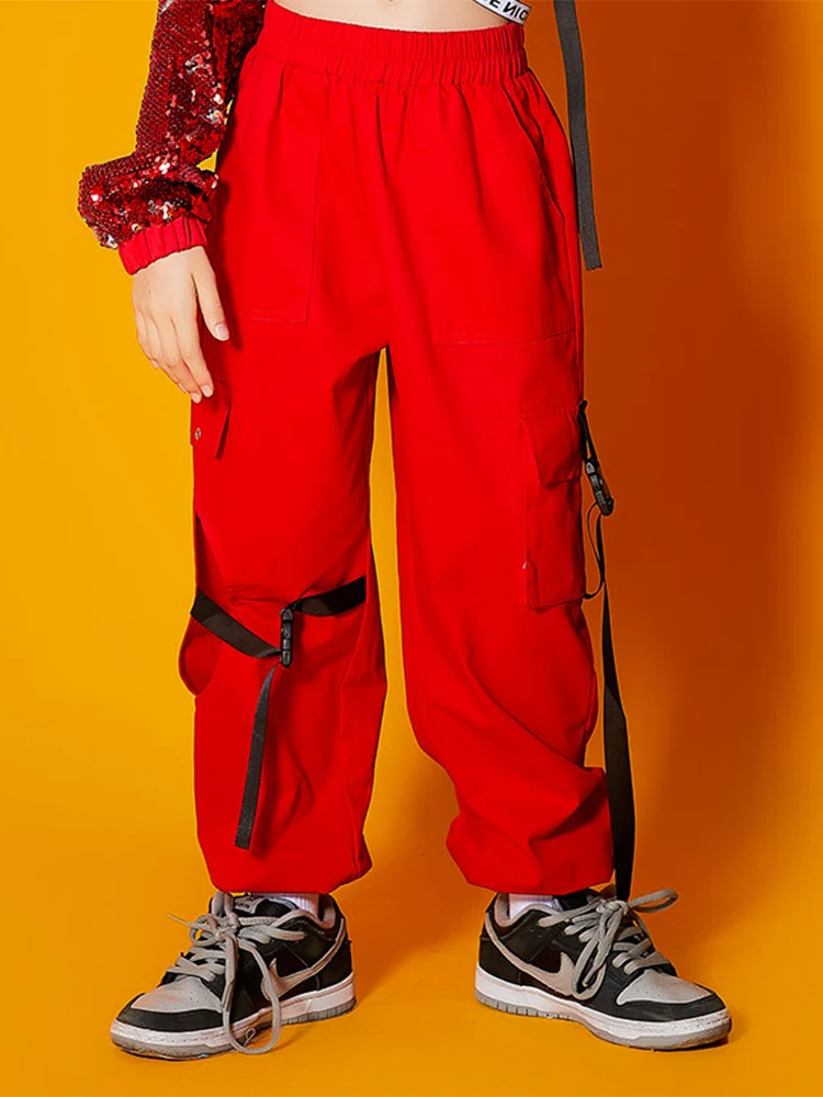 Jazz Costume Girls Hip Hop Dance Clothes Cool Sequin Tops Overalls Pants Red Stage Performance Outfit For Kids Wear BL5891