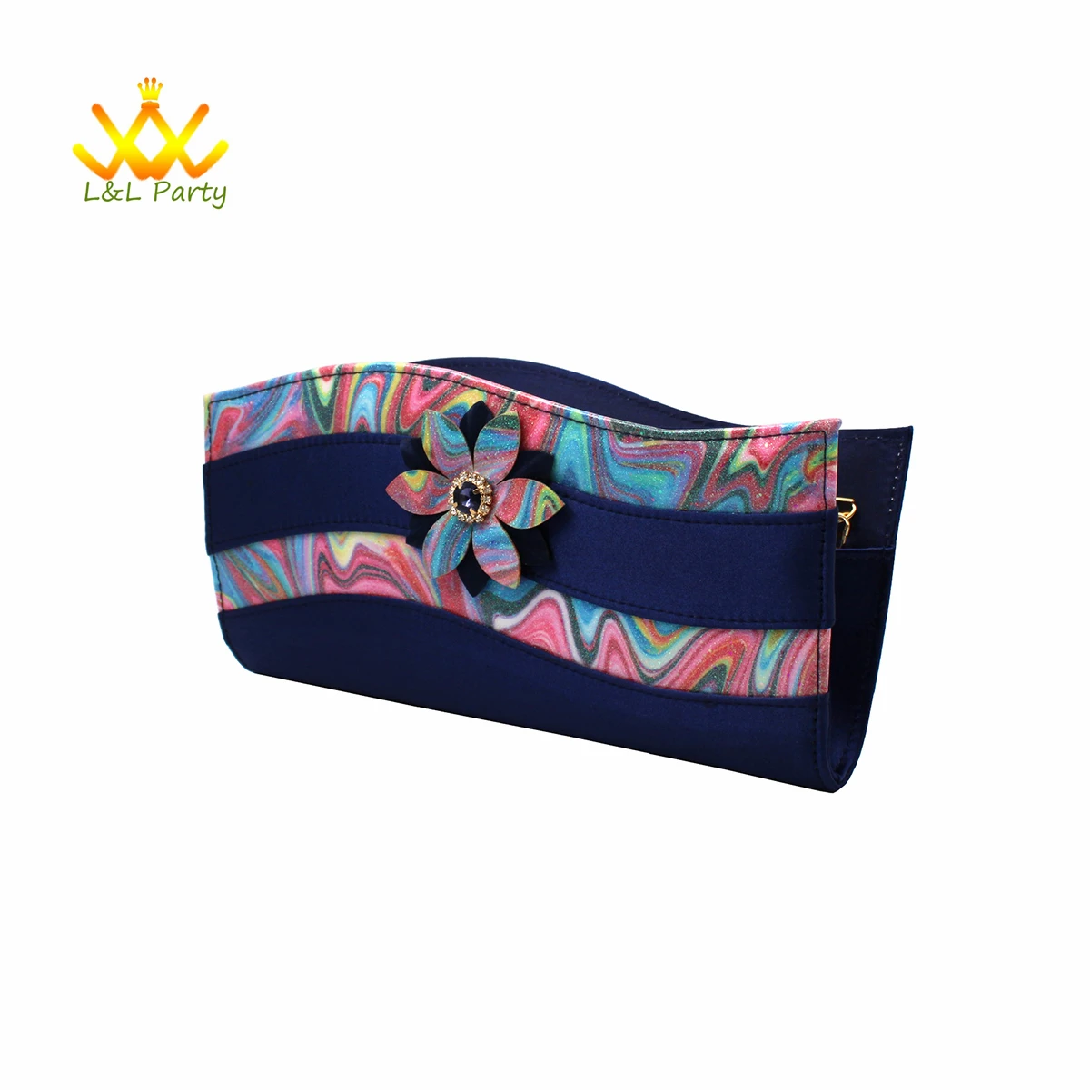 Dark Blue Wimen Sandal Decorate with Flower Shoes Matching Bag Set For Mature Ladies Royal Wedding Party