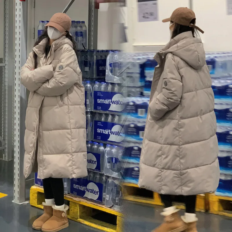 

Korean version straight long down cotton jacket women's loose warm cotton jacket hooded over-the-knee winter coat