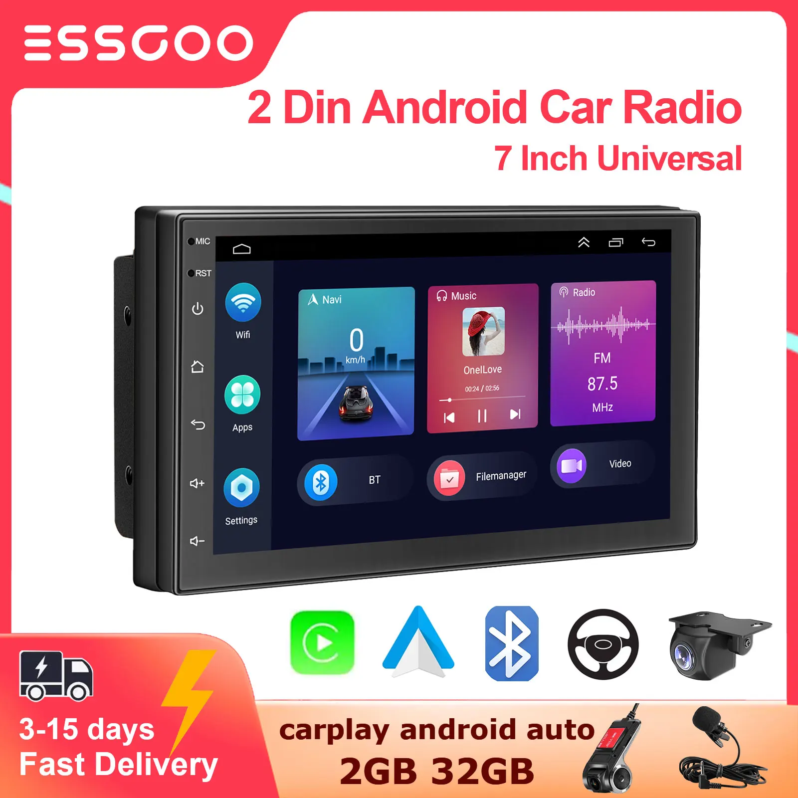 Essgoo Android Autoradio Carplay Android Auto 2G 32G Lettore Multimediale Universale 2 Din 7 Pollici Autoradio Autoradio Gps Wifi Swc