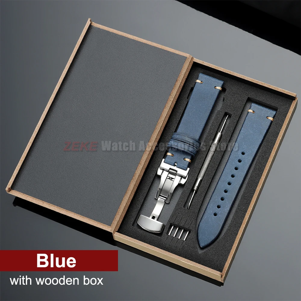 Elegant Genuine Leather Watch Band with Wooden Box & Butterfly Clasp Bracelet
