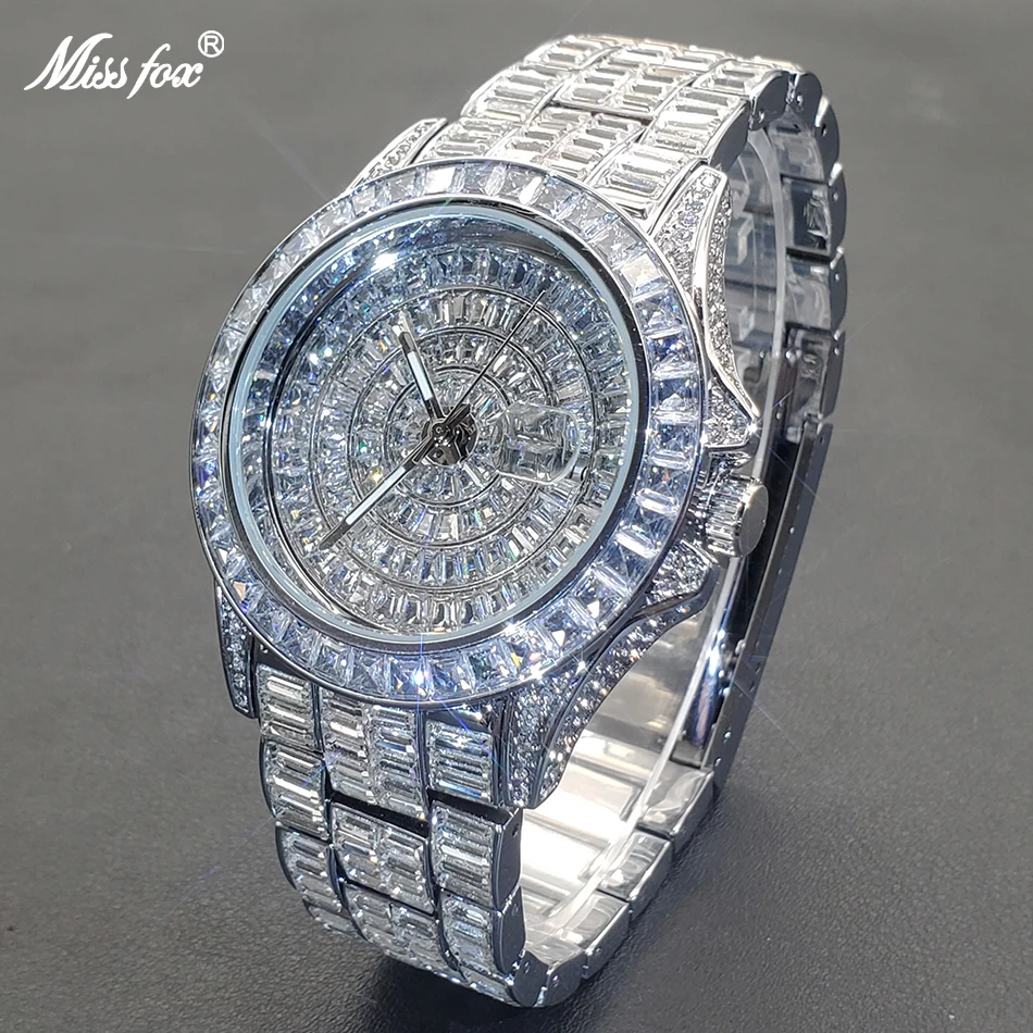 MISSFOX Ice Out Watches For Men Luxury Handmade Mosaic Diamond Silver