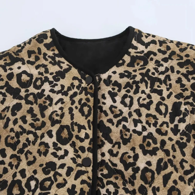 TRAF Women Winter Coats Vintage Leopard Quilted Jacket Woman Outerwears Autumn Long Sleeve Short Padded Jacket Warm Woman Coats 3