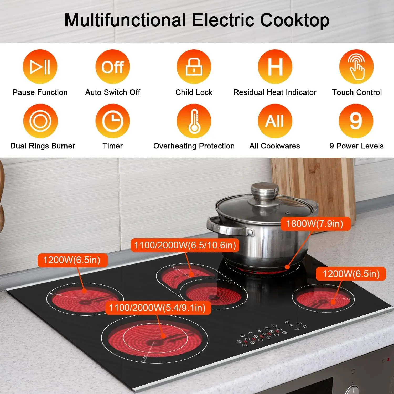 30Inch Electric Cooktop 5Burners Electric Stove Ceramic Cooktop Drop-in Electric Radiant Cooktop with Front and Back Metal Frame 2