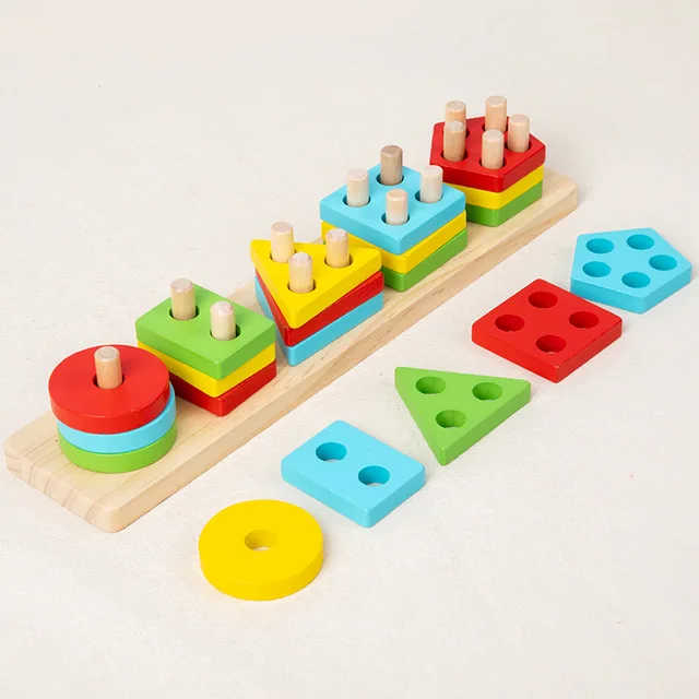 Wooden set of post building blocks baby fine motor toddler early education geometric shape matching color cognition classificati 2
