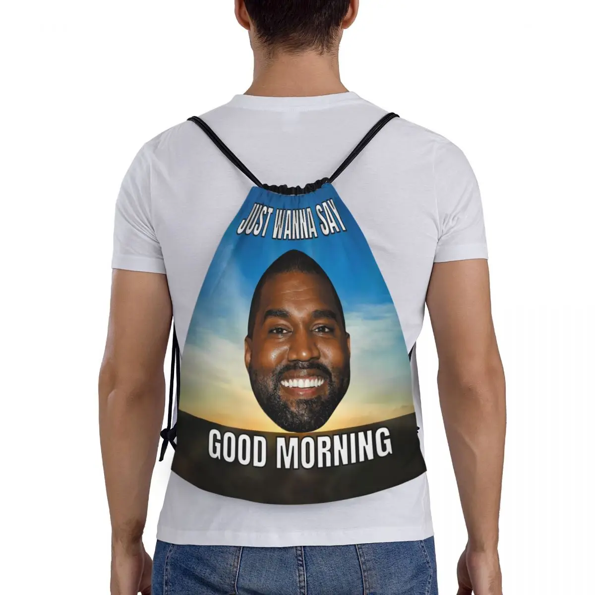 Custom Kanye West Good Morning Meme Drawstring Backpack Bags Men Women Lightweight Funny Gym Sports Sackpack Sacks for Yoga 5