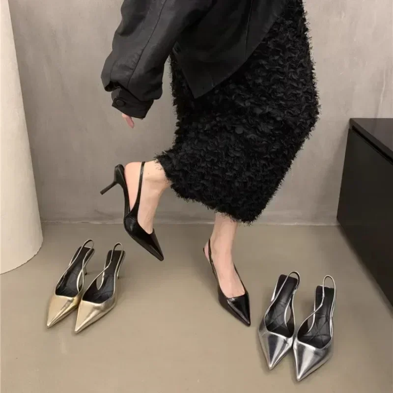 2025 Summer Silver Heels Pointed Toe Women Pumps Fashion Slip on Slingbacks Shoes Ladies Sexy Heel Party Dress Sandalias 2