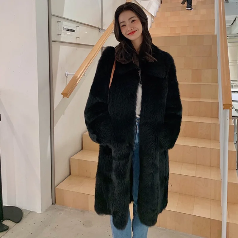 2023 Autumn Winter New Women Imitation Fox Furs Coat Fashion Thicken Thermal Long Parkas Female Elegance Solid Color Outwear