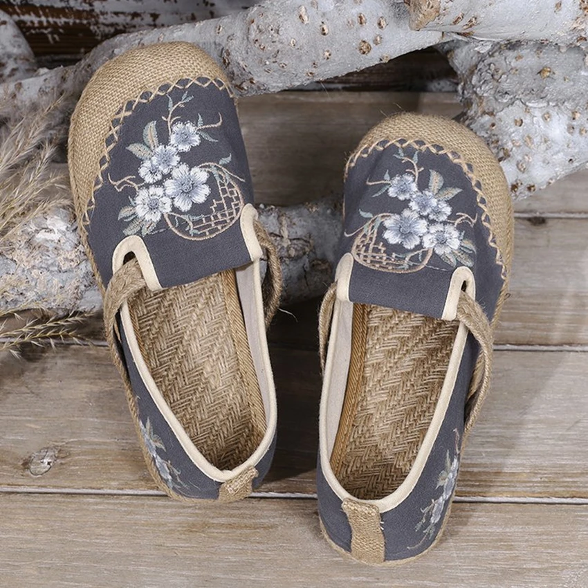 Flats Women Shoes Embroider Retro Lace-up Round Toe Cotton Linen New Handmade Concise Comfortable Ladies Shoes Spring and Summer