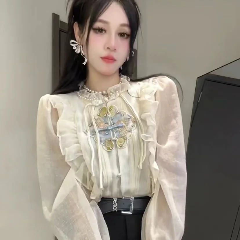 

Korea New Chinese Style Ruffled Beaded White Shirt Top for Women Early Spring Vintage Long Sleeve Beaded Embroidery Blouse